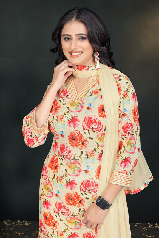 Cream Floral Printed Silk Blend Kurta Set with V-Neck & Solid Dupatta