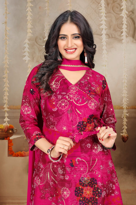 Magenta Pink Floral Printed Silk Blend Kurta Set with Solid Chiffon Dupatta