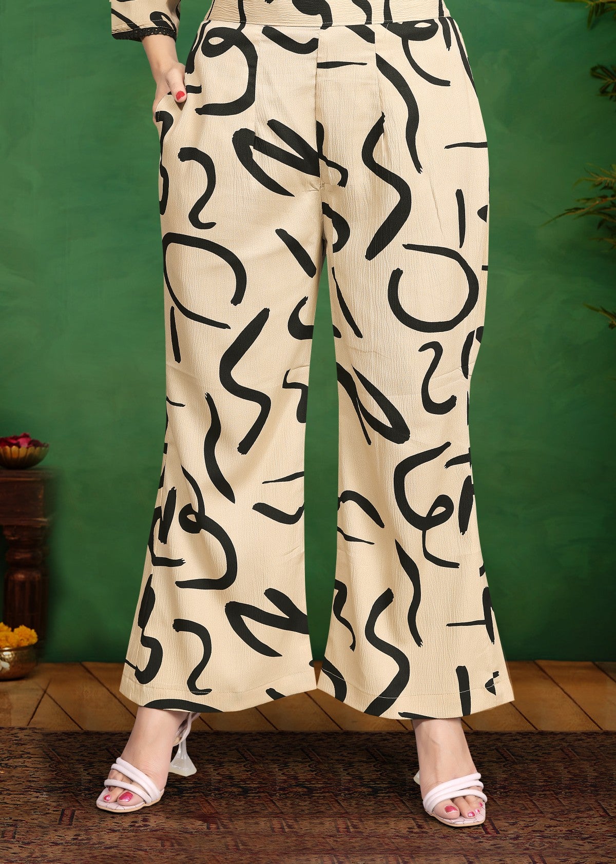 Beige & Black Abstract Print Silk Blend Co-ord Set with Polo Neck Top and Trousers