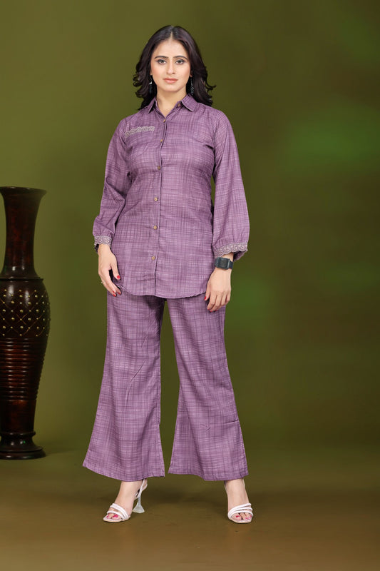 Plum Purple Self Design Pure Silk Cord Set with Shirt Collar and Embroidered Sleeve Detail