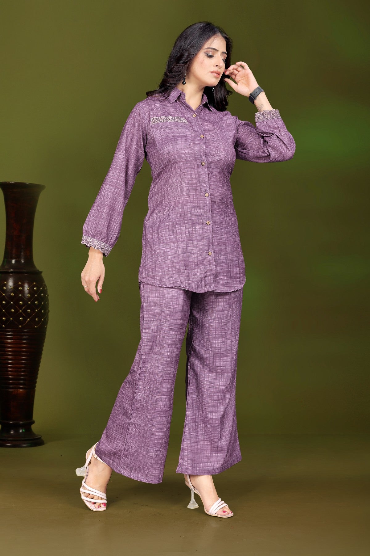 Plum Purple Self Design Pure Silk Cord Set with Shirt Collar and Embroidered Sleeve Detail