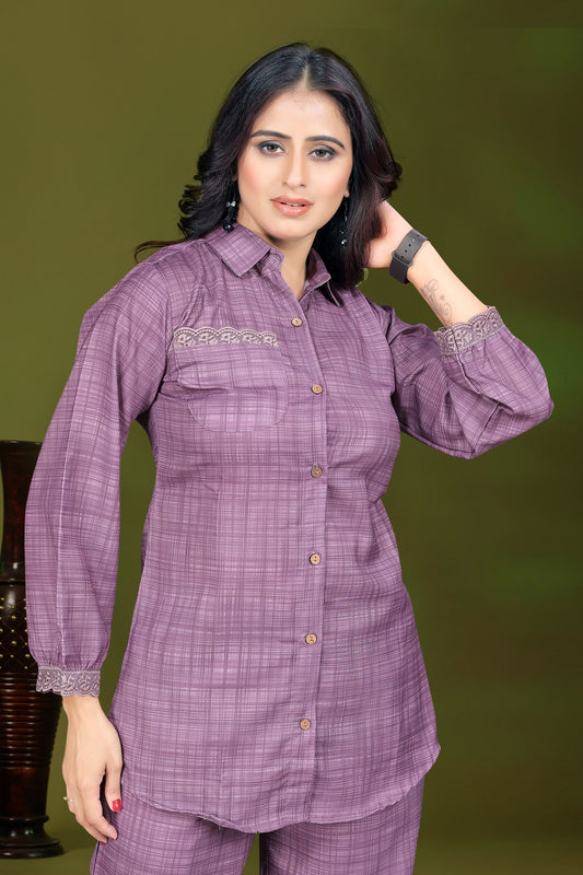 Plum Purple Self Design Pure Silk Cord Set with Shirt Collar and Embroidered Sleeve Detail