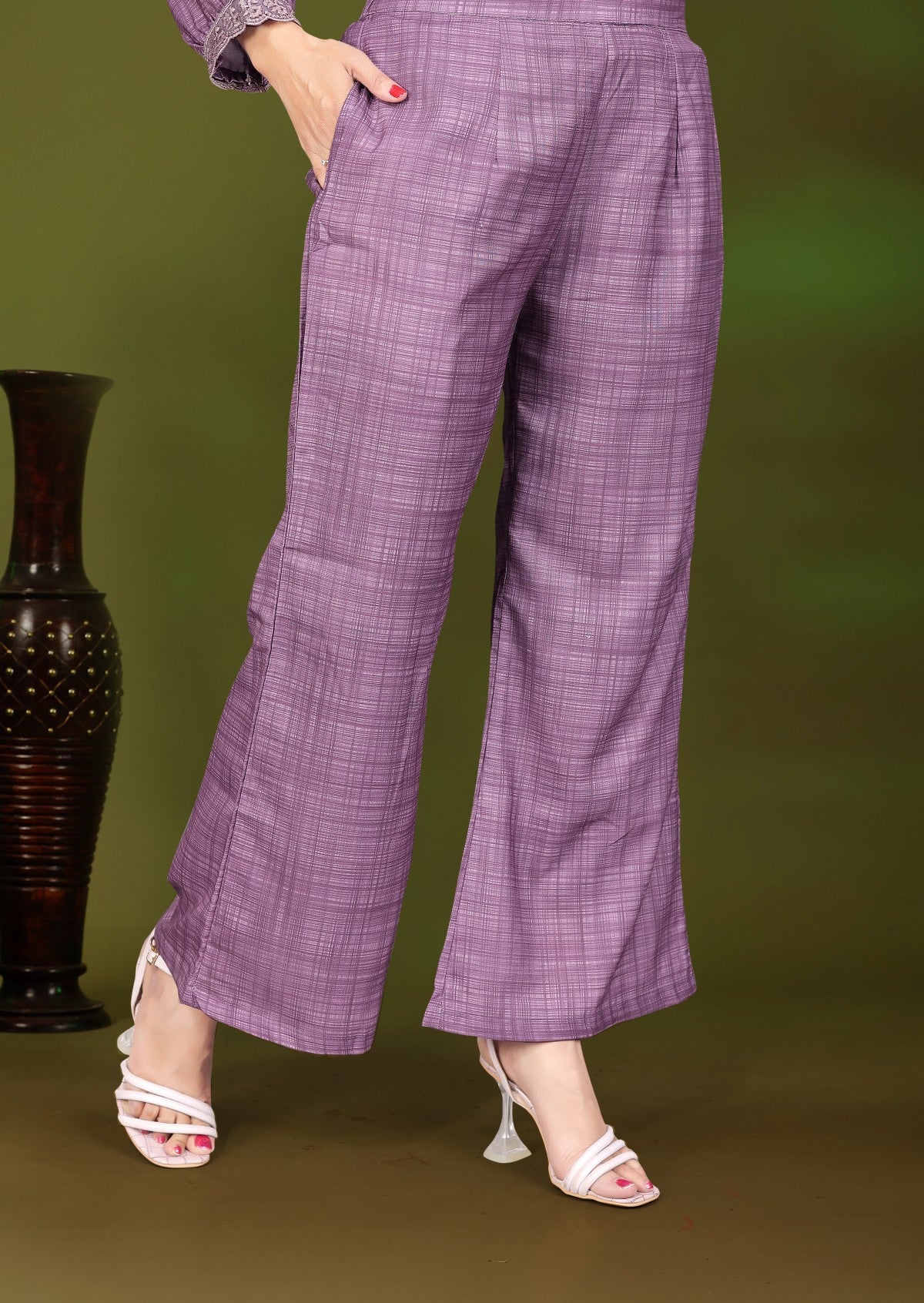 Plum Purple Self Design Pure Silk Cord Set with Shirt Collar and Embroidered Sleeve Detail