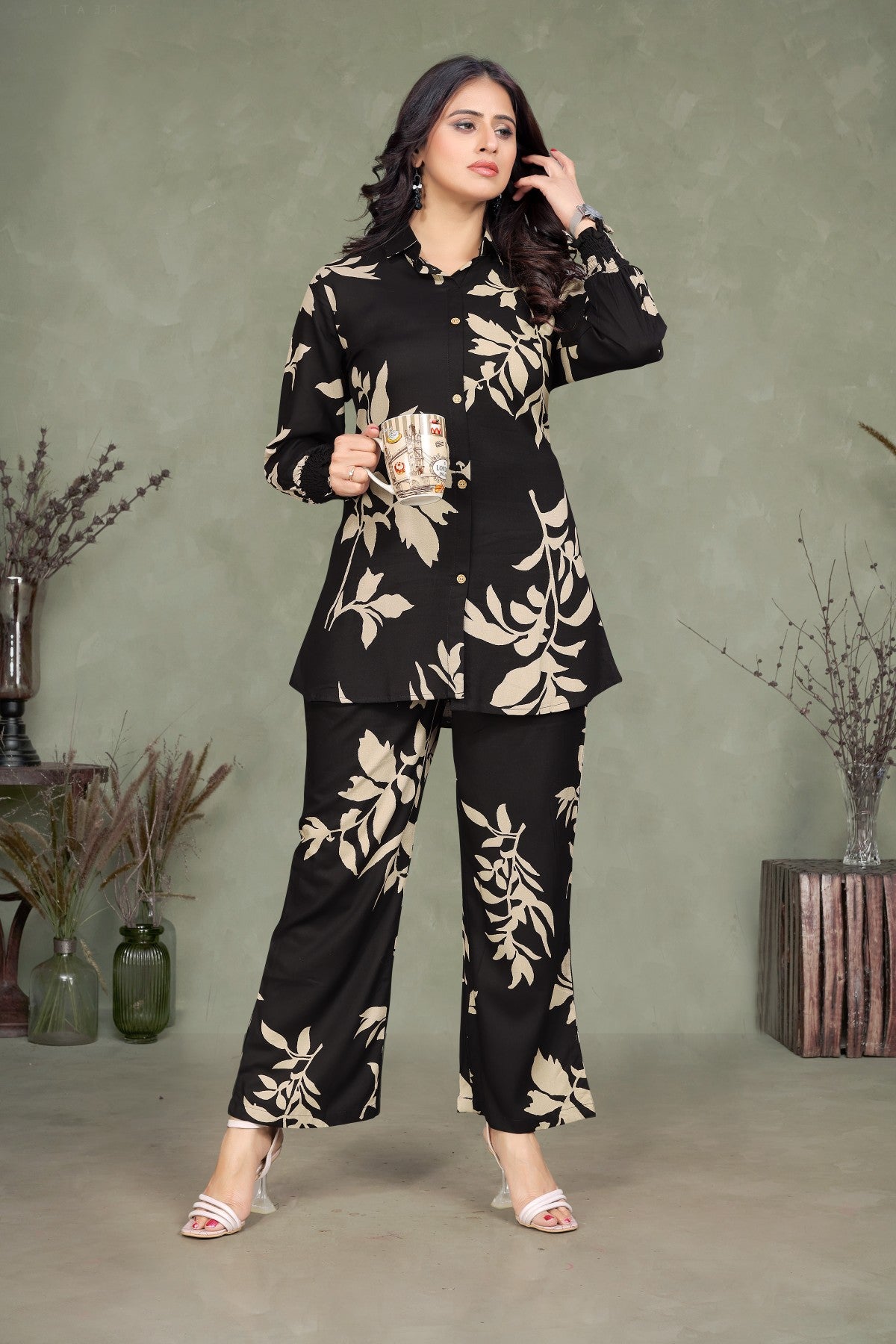 Elegant Black & Beige Leaf Print Co-ord Set in Viscose Rayon