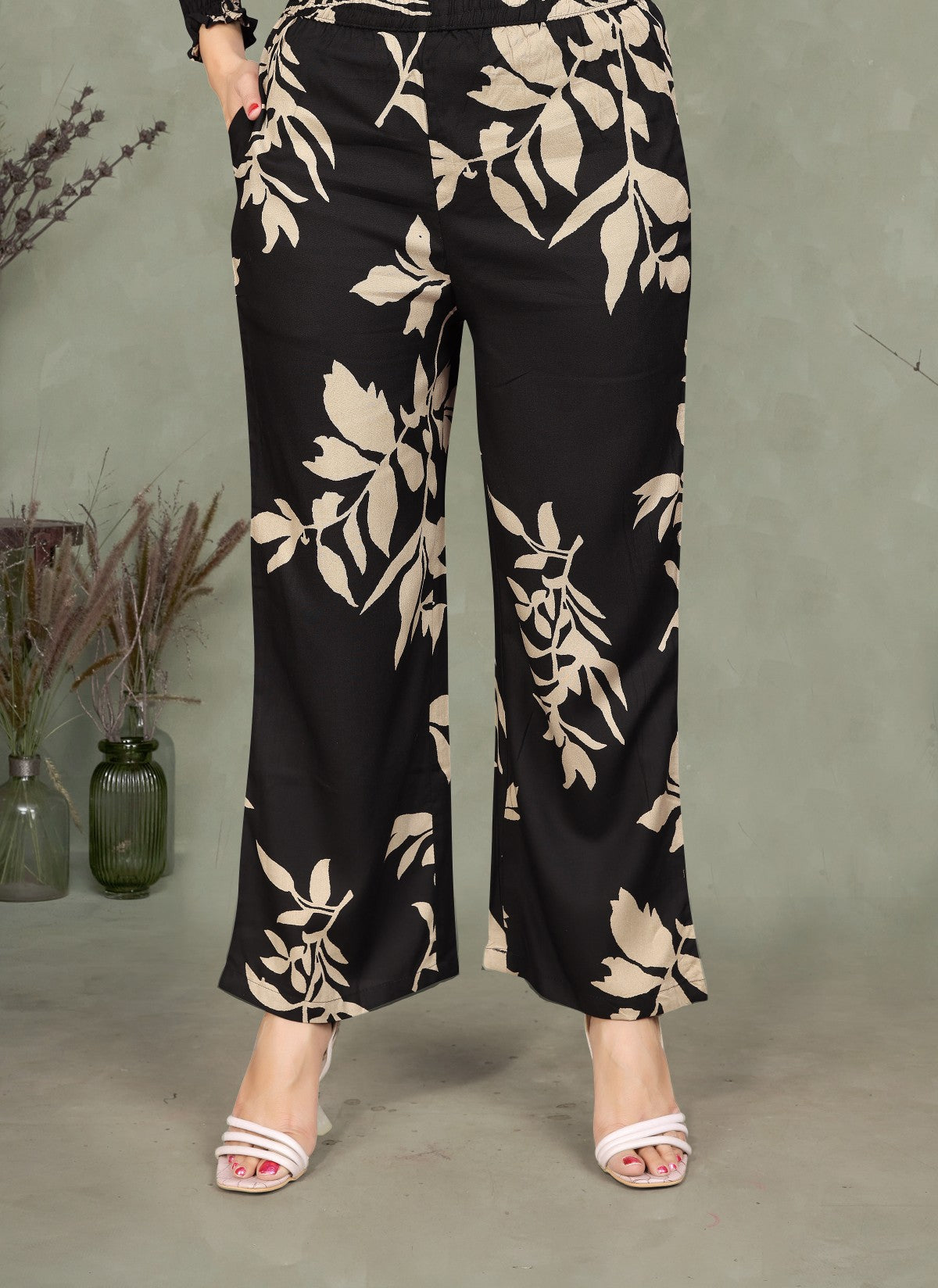 Elegant Black & Beige Leaf Print Co-ord Set in Viscose Rayon