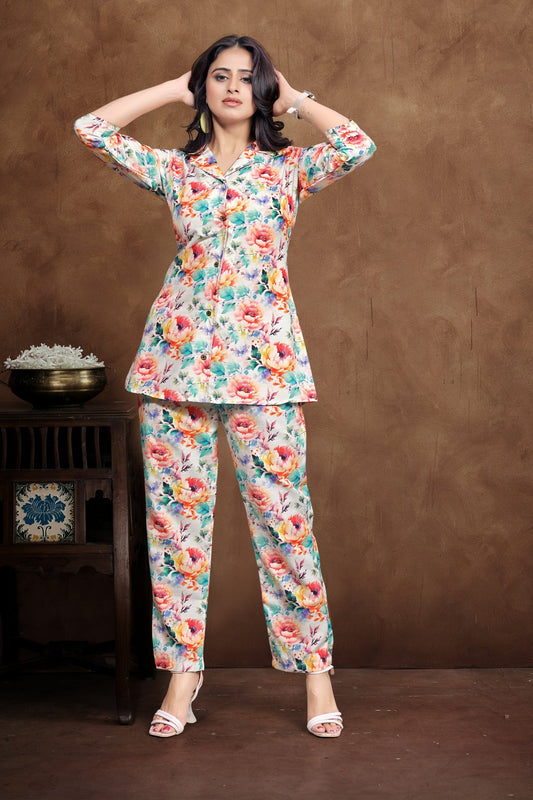 White Floral Cotton Co-Ord Set with Multicolor Bloom Print