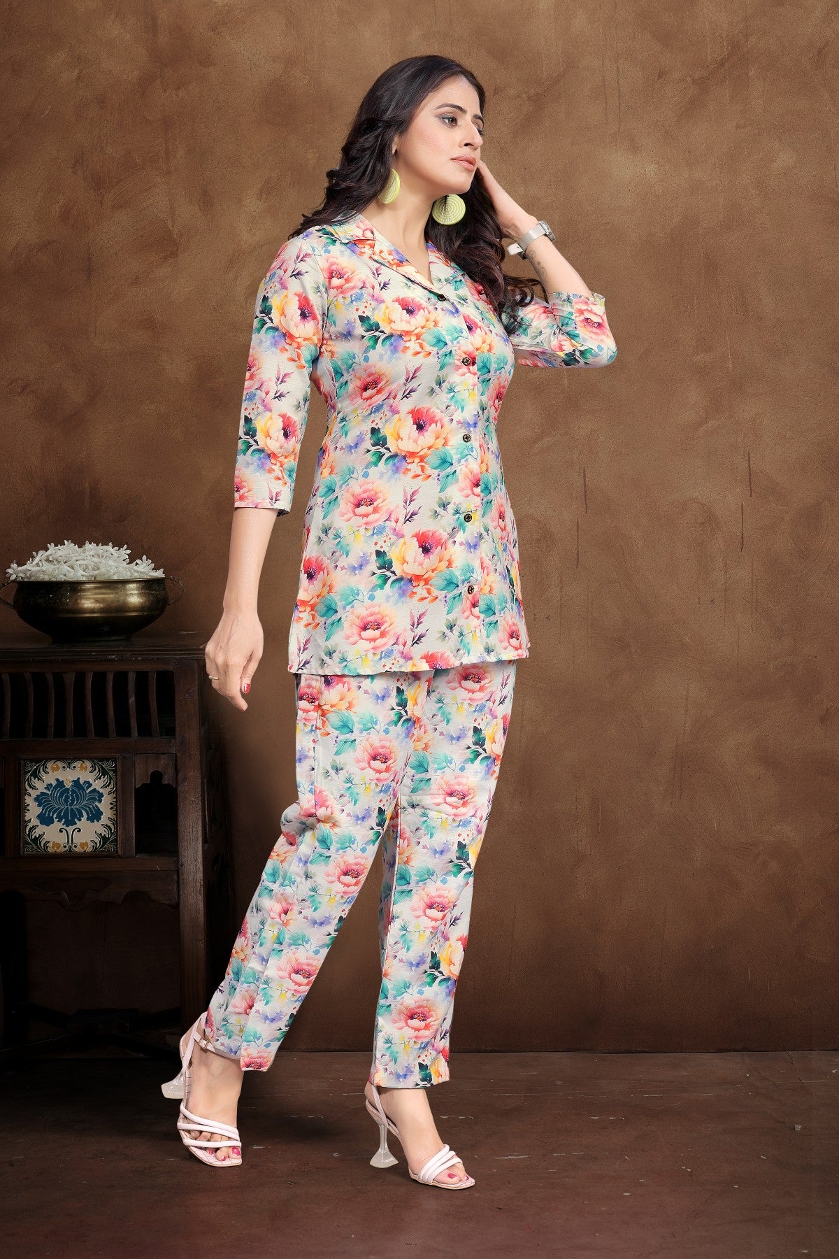 White Floral Cotton Co-Ord Set with Multicolor Bloom Print