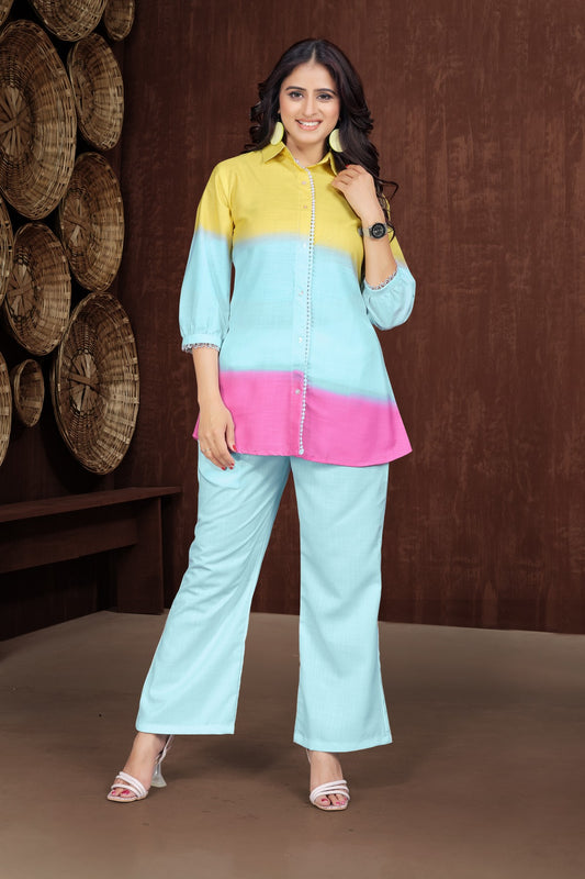 Sunshine Gradient Co-Ord Set – Yellow, Blue & Pink Shirt with Solid Blue Trousers