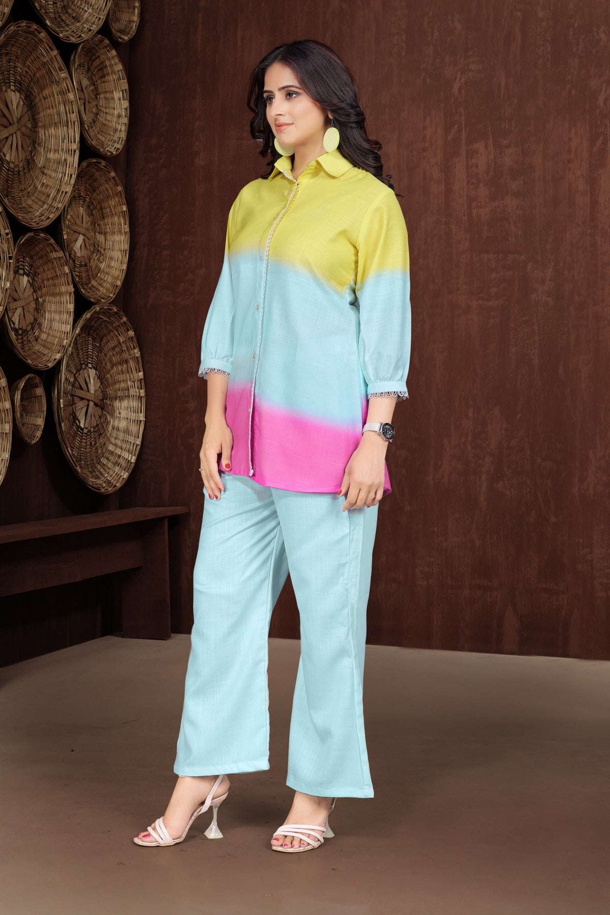Sunshine Gradient Co-Ord Set – Yellow, Blue & Pink Shirt with Solid Blue Trousers