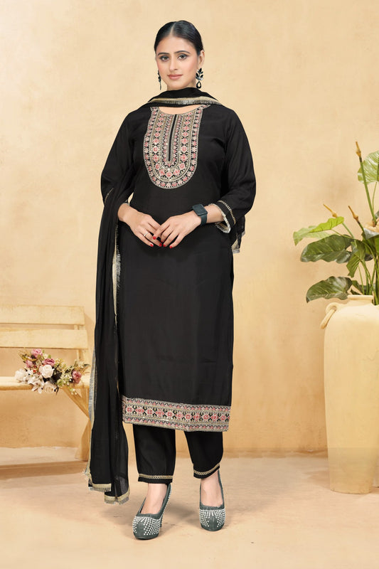 Elegant Black Embroidered Kurta Set with Matching Trousers & Silk Chiffon Dupatta