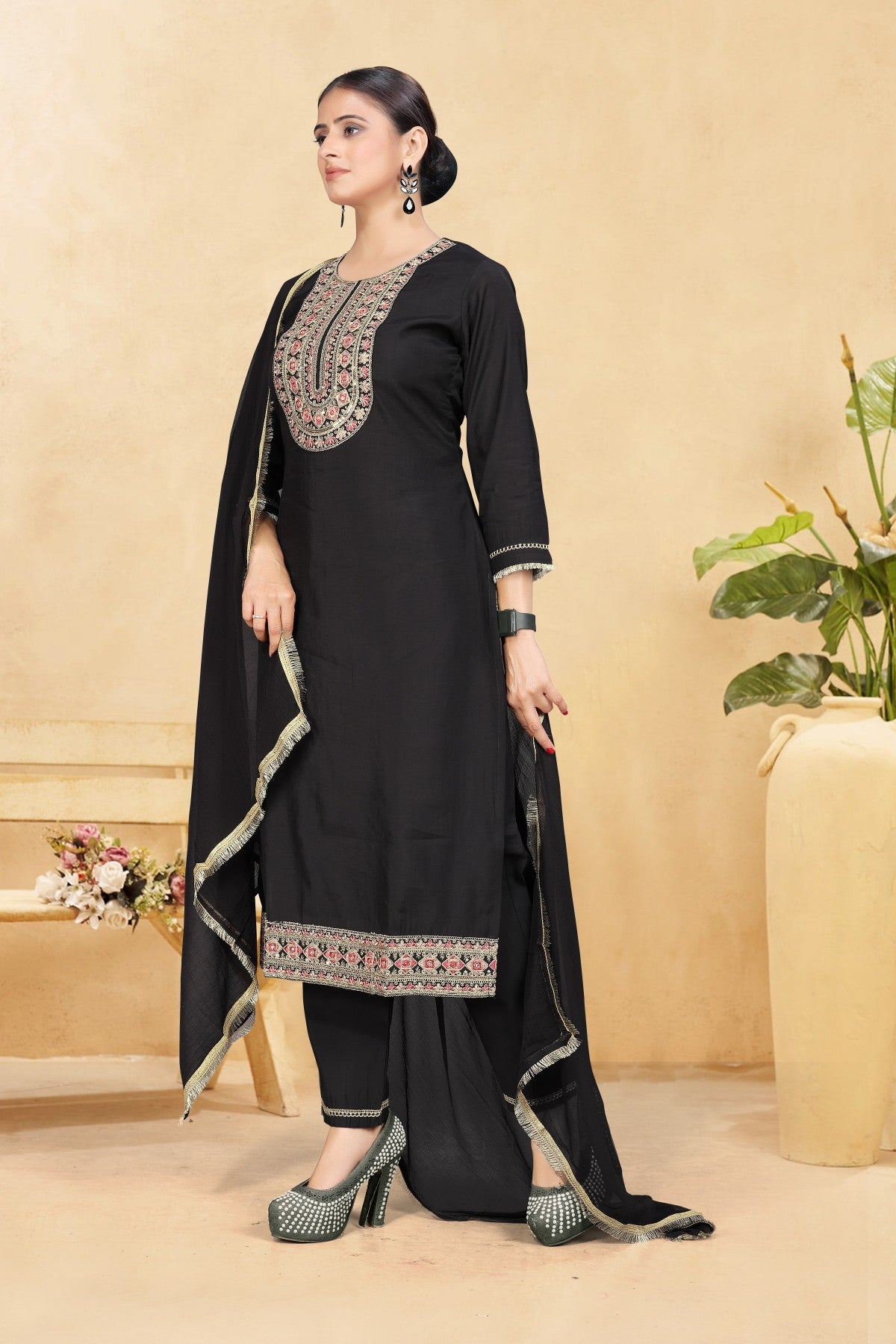Elegant Black Embroidered Kurta Set with Matching Trousers & Silk Chiffon Dupatta