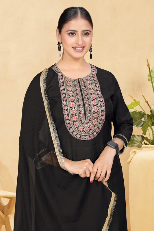 Elegant Black Embroidered Kurta Set with Matching Trousers & Silk Chiffon Dupatta