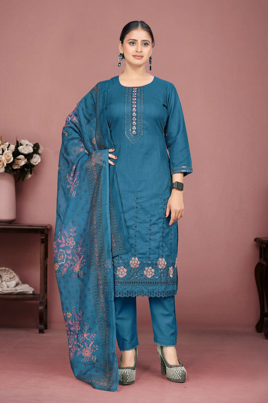 Teal Blue Silk Kurta Set with Floral Thread Embroidery & Printed Dupatta