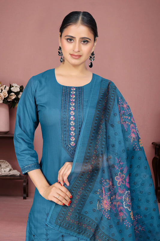 Teal Blue Silk Kurta Set with Floral Thread Embroidery & Printed Dupatta