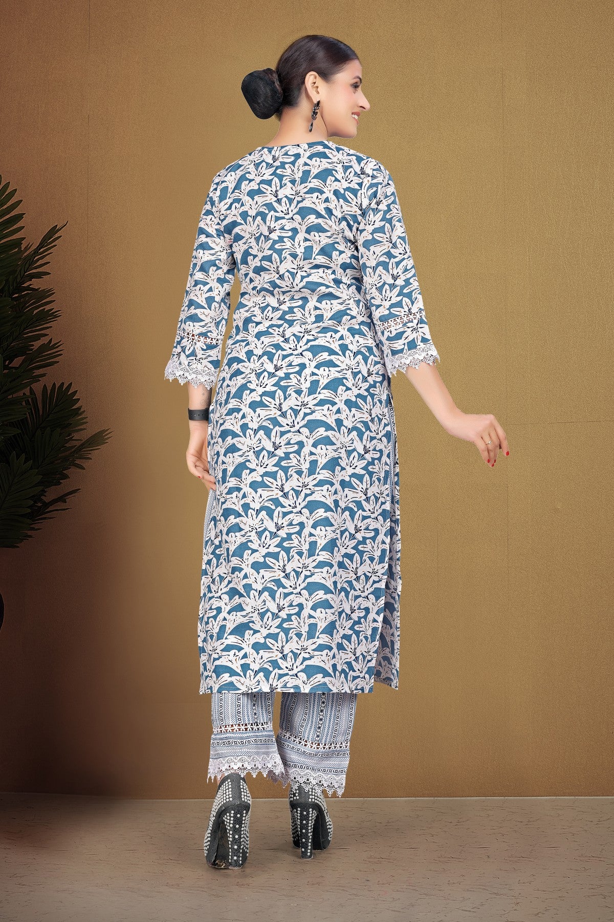 Ocean Blue Floral Printed Cotton Blend Kurta Set with Lace Hem Trousers & Printed Silk Chiffon Dupatta