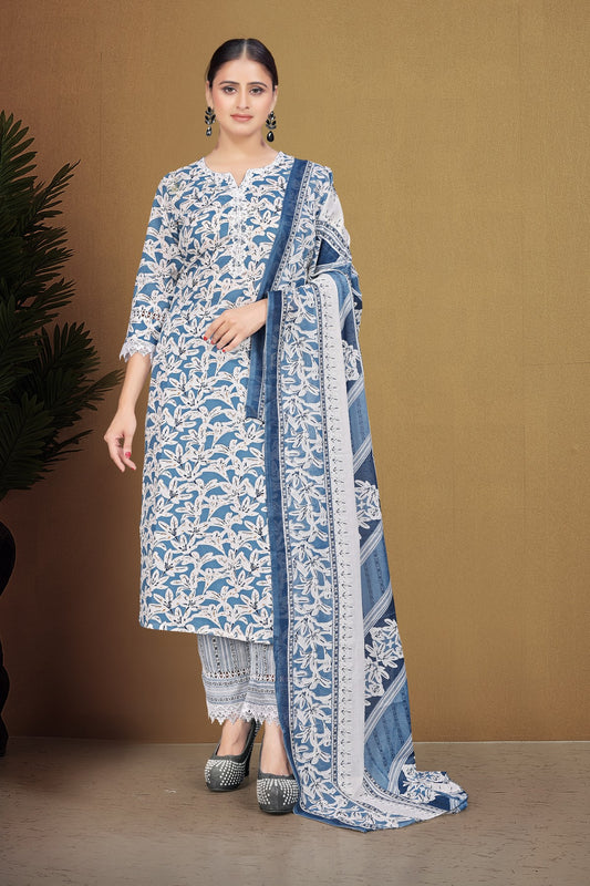 Ocean Blue Floral Printed Cotton Blend Kurta Set with Lace Hem Trousers & Printed Silk Chiffon Dupatta
