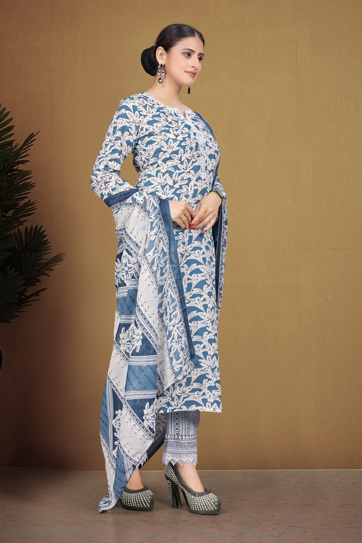 Ocean Blue Floral Printed Cotton Blend Kurta Set with Lace Hem Trousers & Printed Silk Chiffon Dupatta