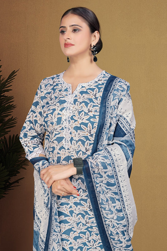 Ocean Blue Floral Printed Cotton Blend Kurta Set with Lace Hem Trousers & Printed Silk Chiffon Dupatta