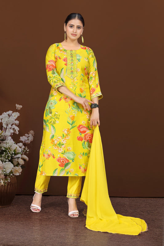 Sunshine Yellow Cotton Blend Kurta Set with Multicolour Floral Print and Embroidered Neck