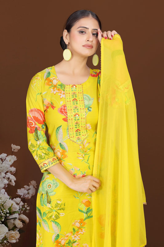 Sunshine Yellow Cotton Blend Kurta Set with Multicolour Floral Print and Embroidered Neck