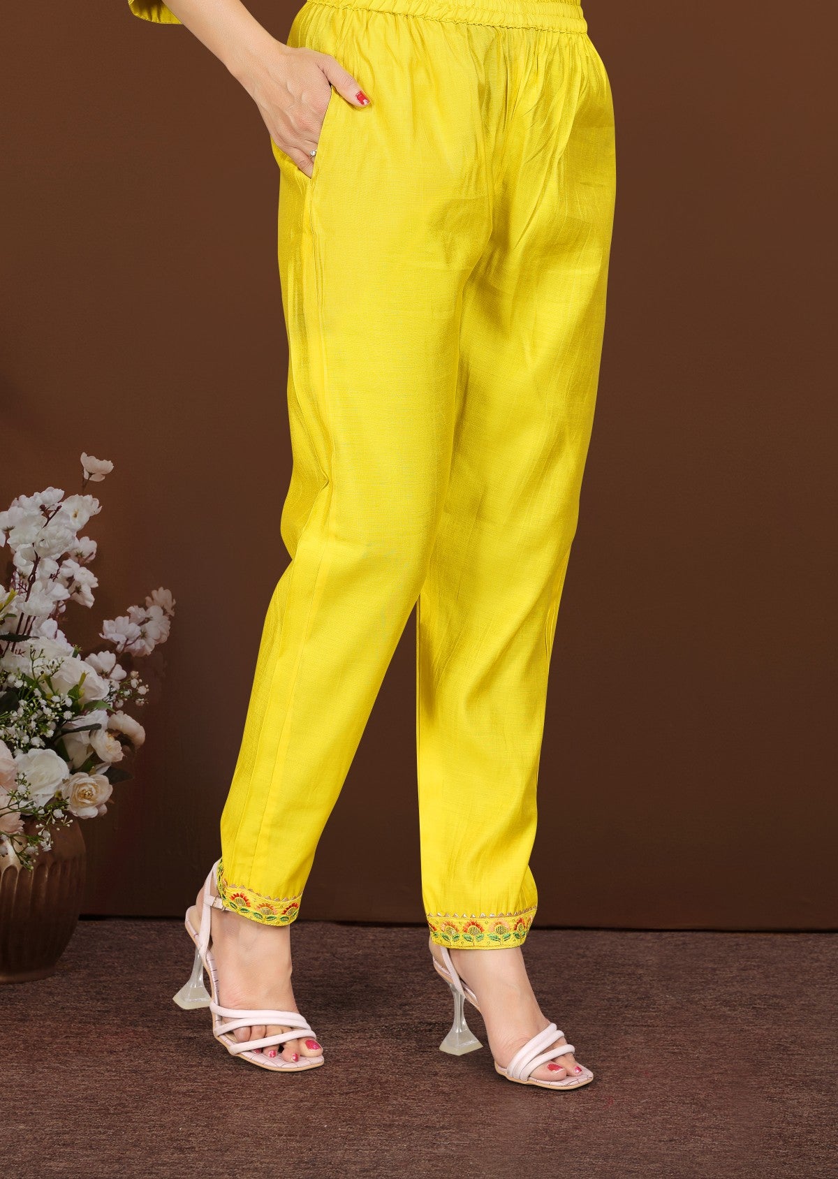 Sunshine Yellow Cotton Blend Kurta Set with Multicolour Floral Print and Embroidered Neck