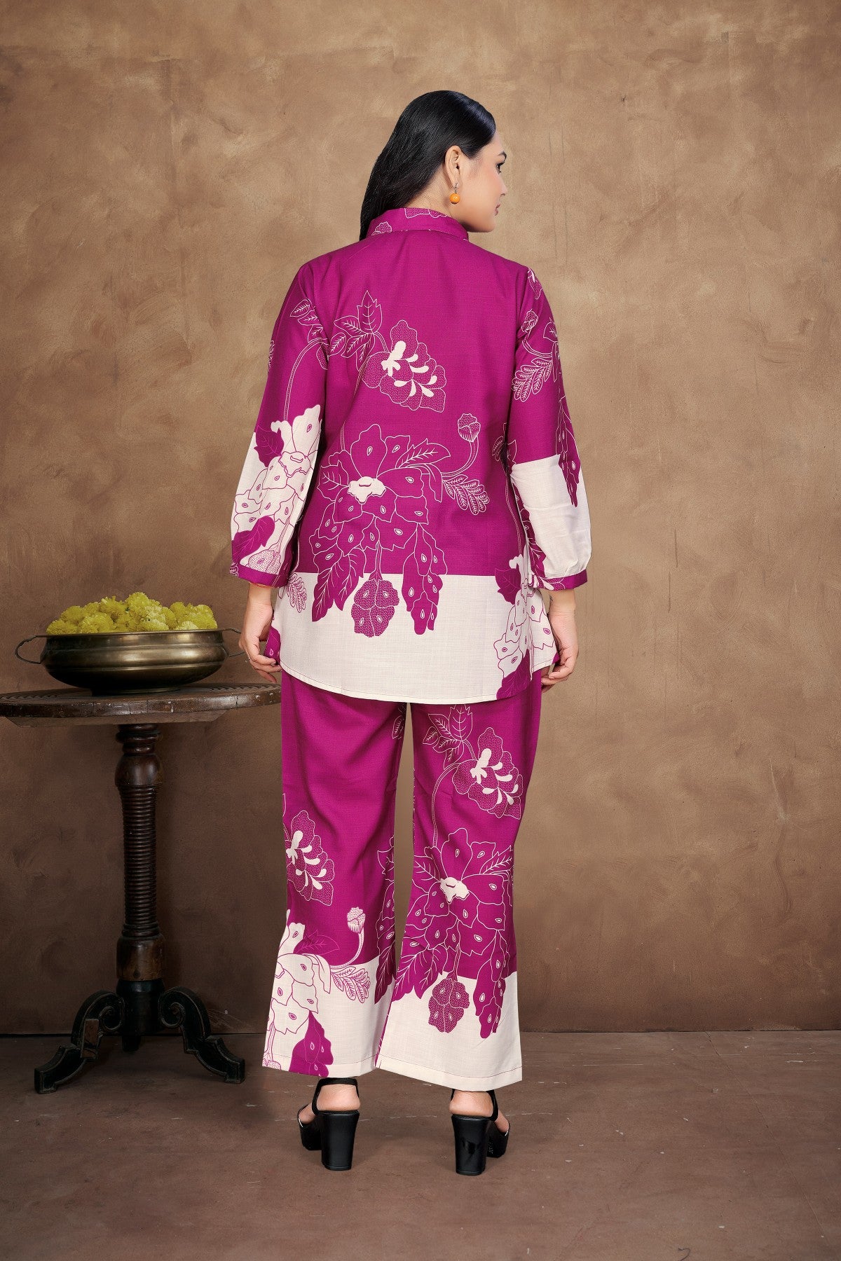 Rani Floral Printed Silk Blend Co-Ord Set with Off-White Accents