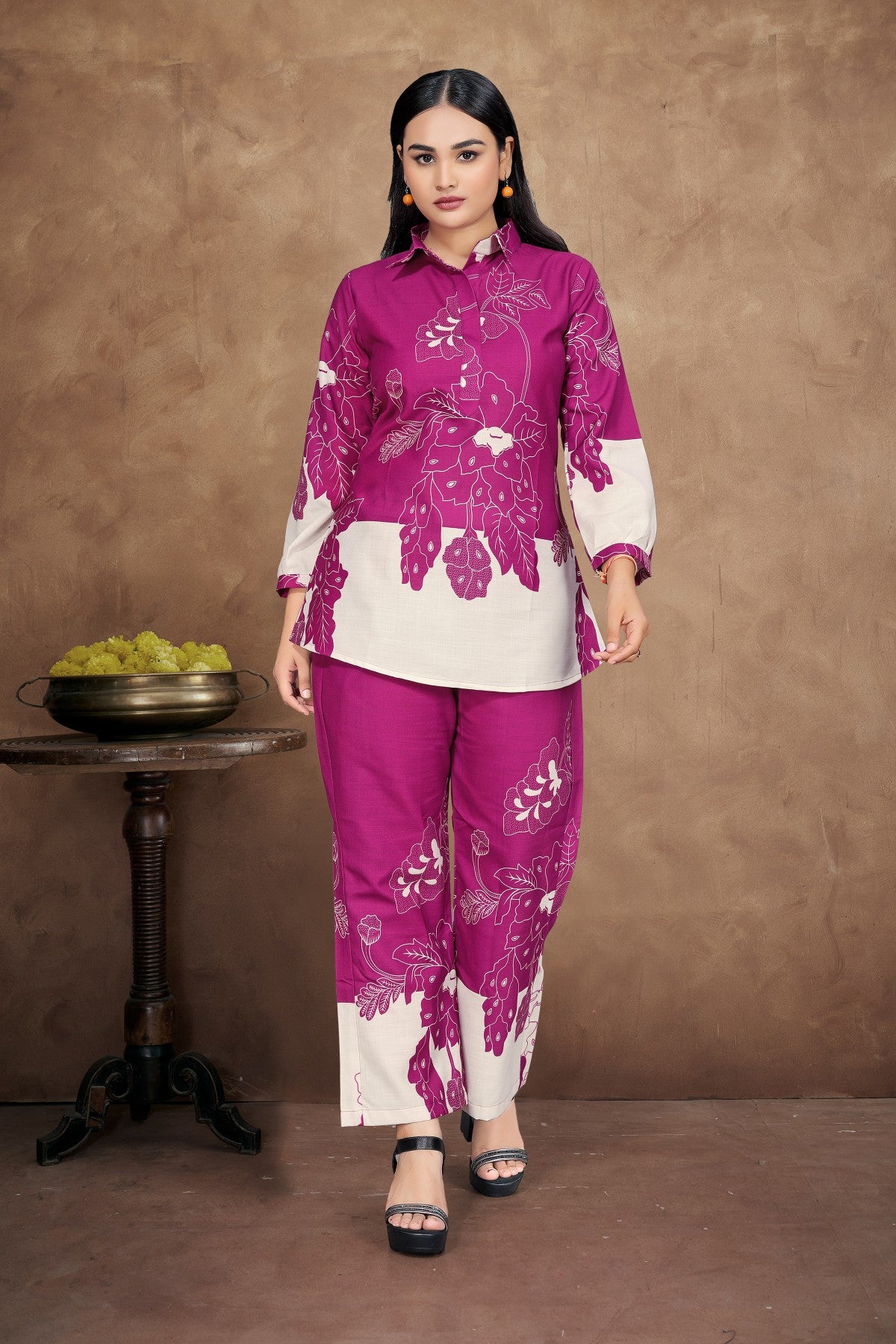 Rani Floral Printed Silk Blend Co-Ord Set with Off-White Accents
