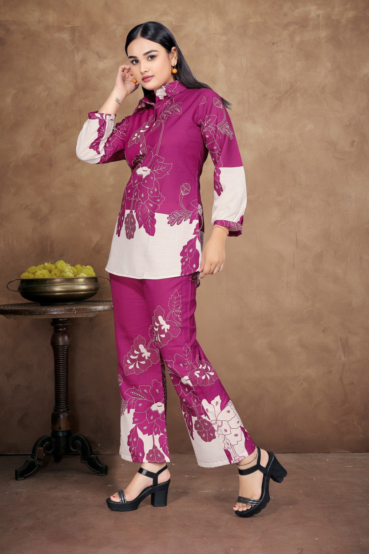 Rani Floral Printed Silk Blend Co-Ord Set with Off-White Accents