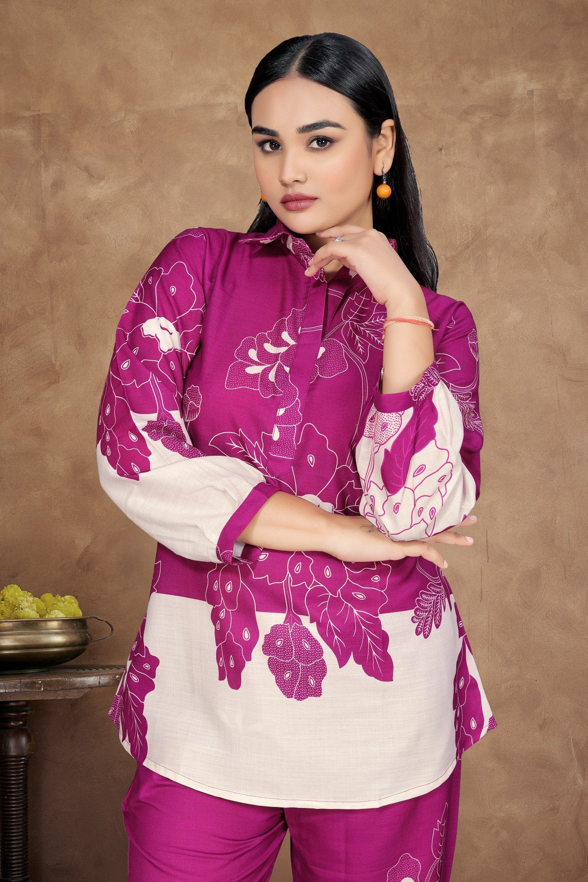 Rani Floral Printed Silk Blend Co-Ord Set with Off-White Accents