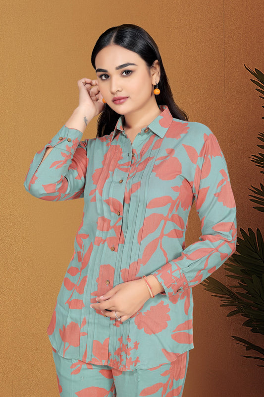 Teal Green Floral Printed Viscose Rayon Co-Ord Set with Shirt Collar