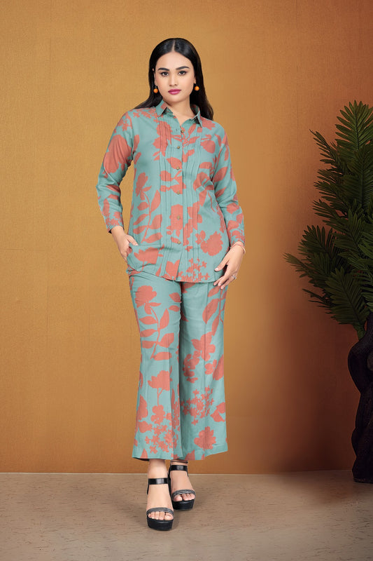 Teal Green Floral Printed Viscose Rayon Co-Ord Set with Shirt Collar