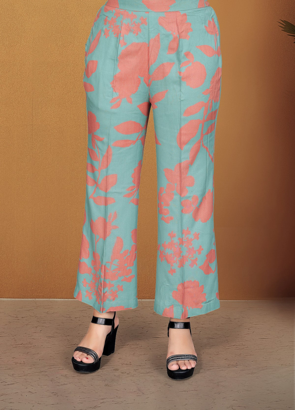 Teal Green Floral Printed Viscose Rayon Co-Ord Set with Shirt Collar