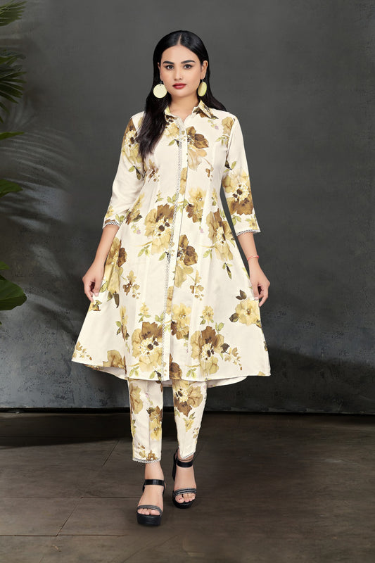 Off-White Floral Printed Shirt Collar Kurta Set in Silk Blend