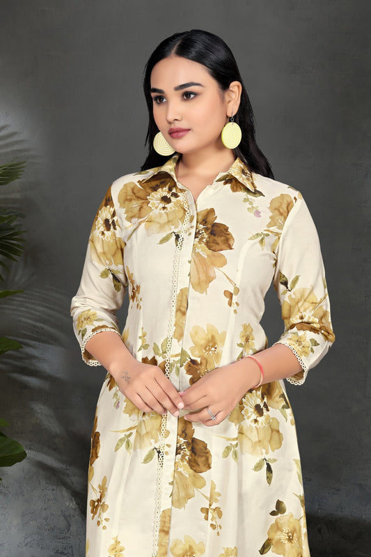 Off-White Floral Printed Shirt Collar Kurta Set in Silk Blend