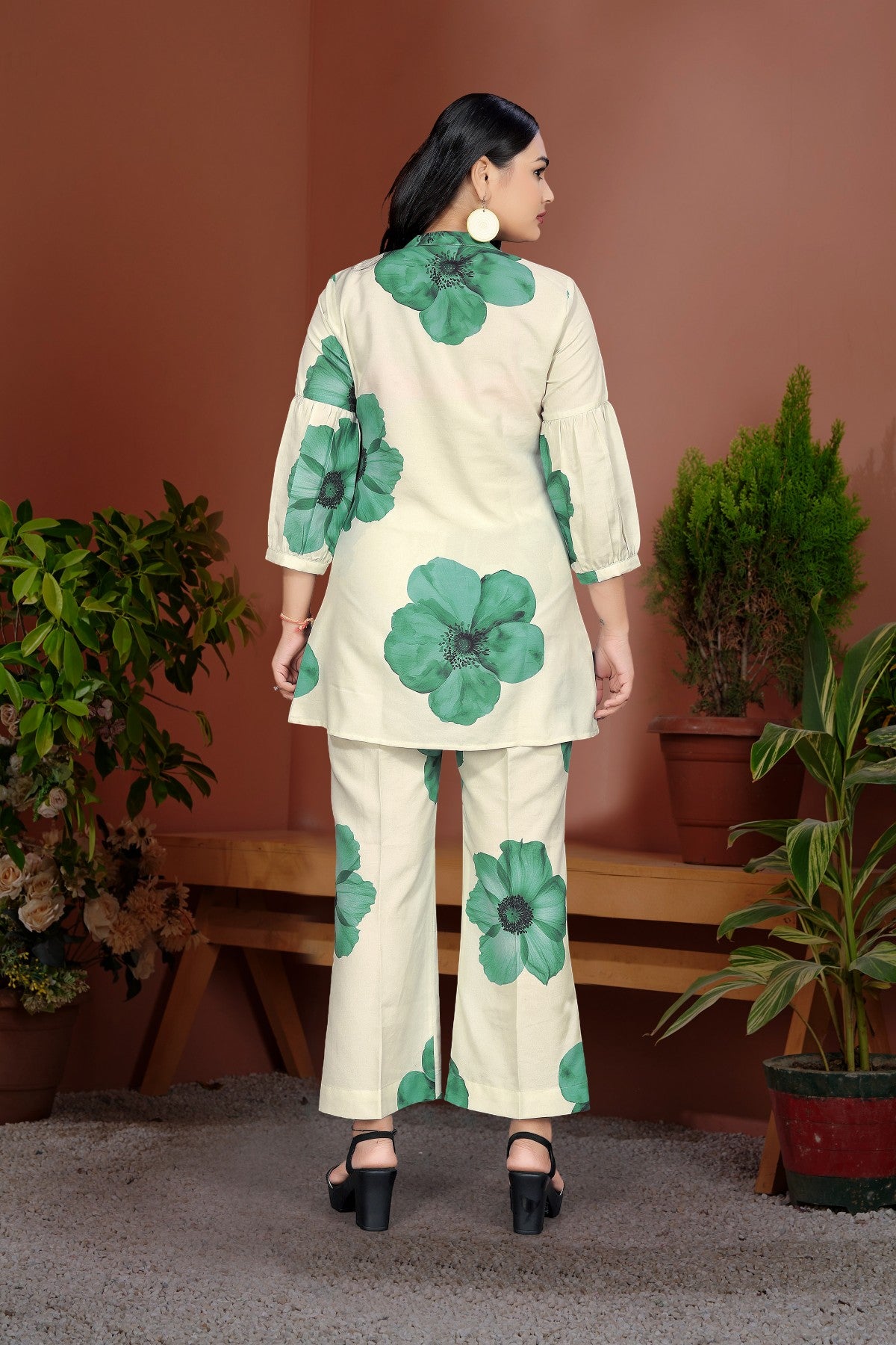 Lime Green Floral Printed Silk Blend Co-Ord Set with Round Neck Shirt