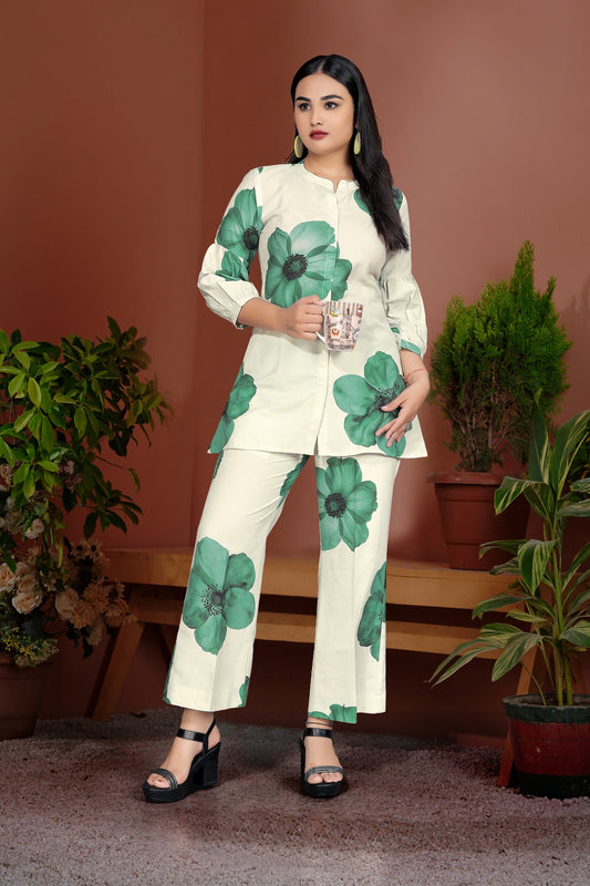 Lime Green Floral Printed Silk Blend Co-Ord Set with Round Neck Shirt