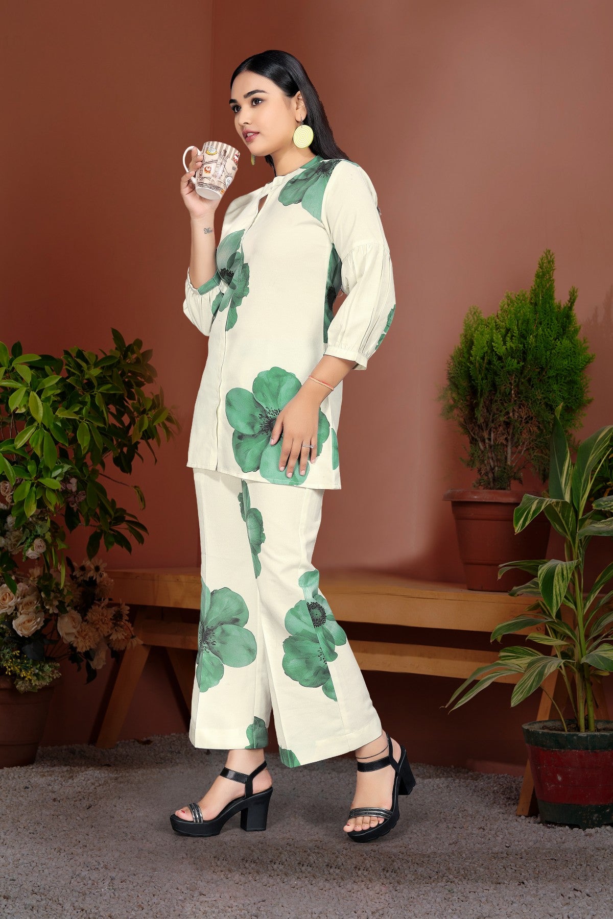 Lime Green Floral Printed Silk Blend Co-Ord Set with Round Neck Shirt