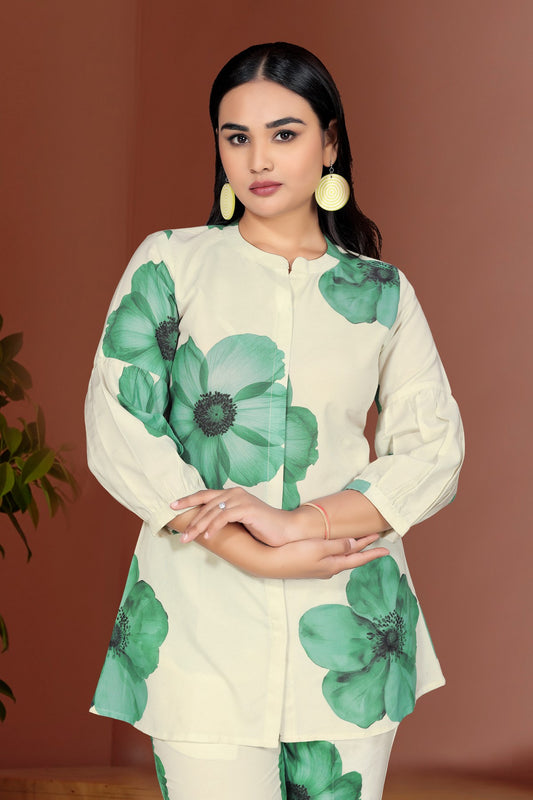 Lime Green Floral Printed Silk Blend Co-Ord Set with Round Neck Shirt