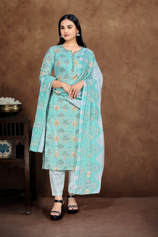 Sky Blue Silk Blend Kurta Set with Printed Motifs & Coordinated Dupatta