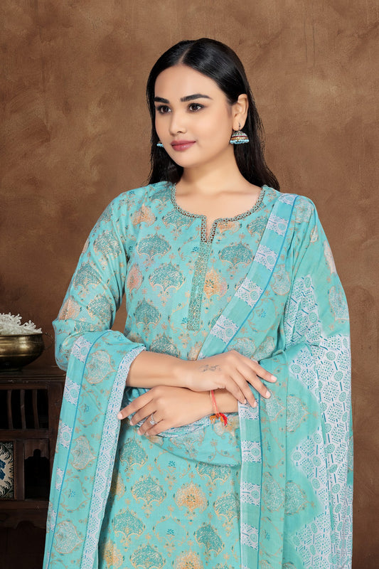 Sky Blue Silk Blend Kurta Set with Printed Motifs & Coordinated Dupatta