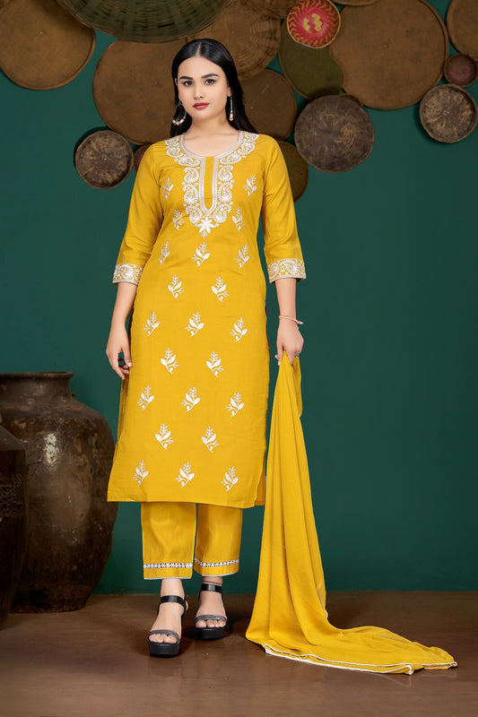 Mustard Yellow Silk Blend Kurta Set with White Thread Embroidery & Solid Dupatta