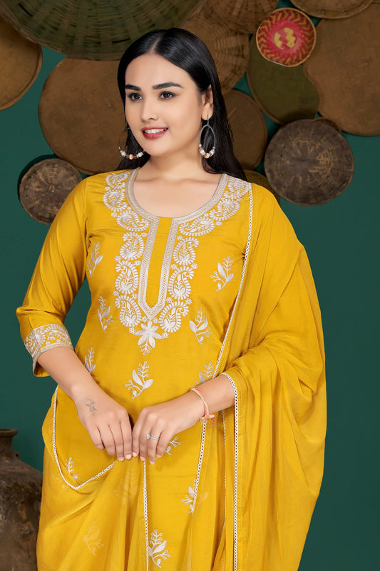 Mustard Yellow Silk Blend Kurta Set with White Thread Embroidery & Solid Dupatta