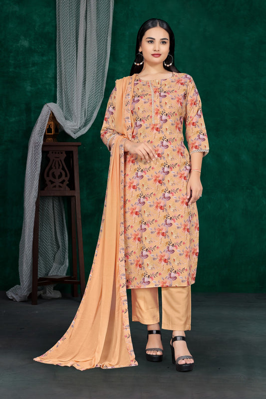 Beige Floral Printed Silk Blend Kurta Set with Solid Dupatta & Round Neck