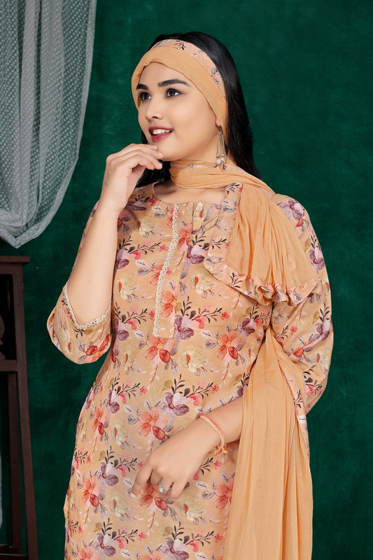 Beige Floral Printed Silk Blend Kurta Set with Solid Dupatta & Round Neck