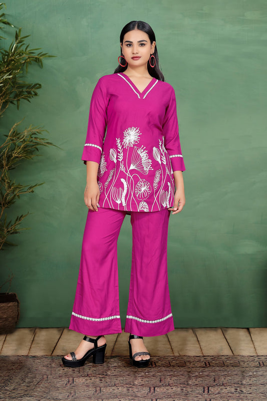 Pink Thread Work Rayon Co-Ord Set with V-Neck Top and Flared Trousers