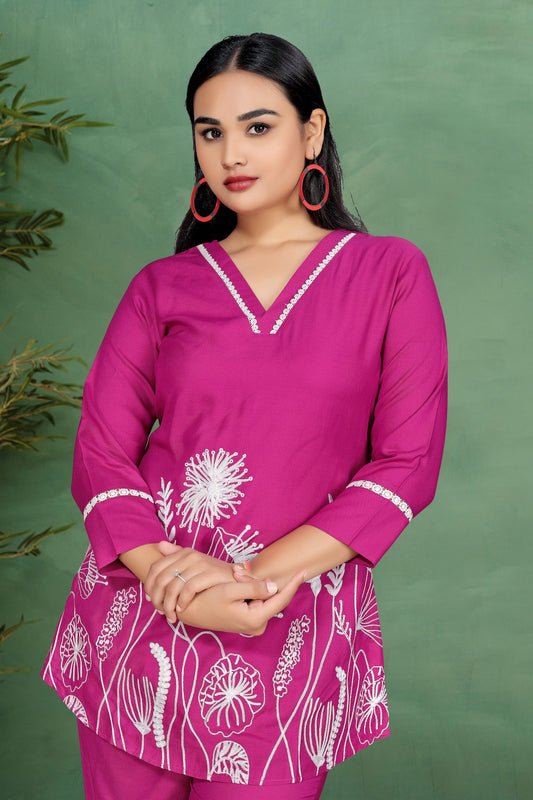 Pink Thread Work Rayon Co-Ord Set with V-Neck Top and Flared Trousers