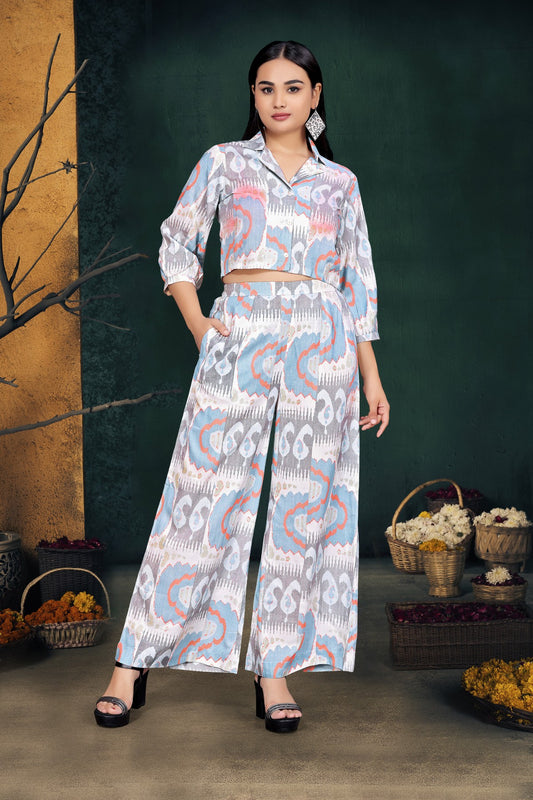 Grey Printed Viscose Rayon Co-Ord Set with Shirt Collar Top