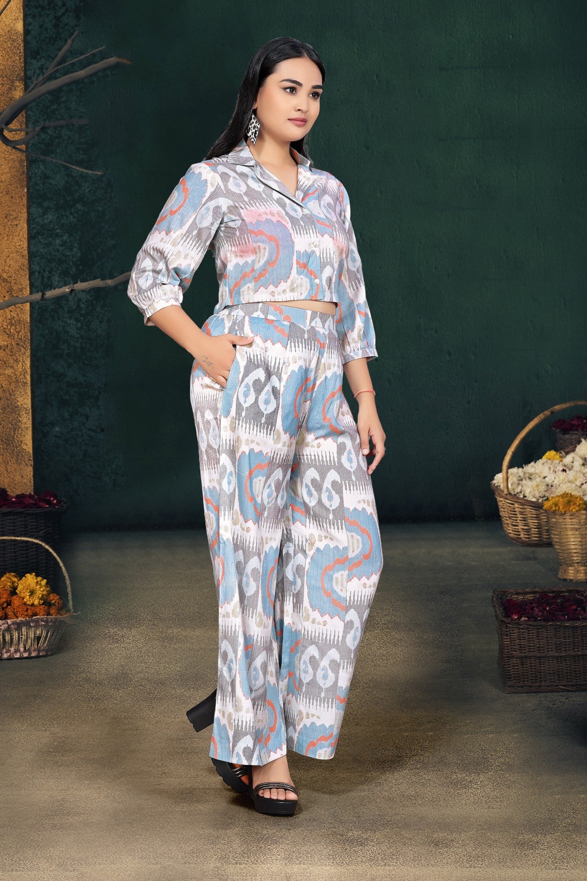 Grey Printed Viscose Rayon Co-Ord Set with Shirt Collar Top