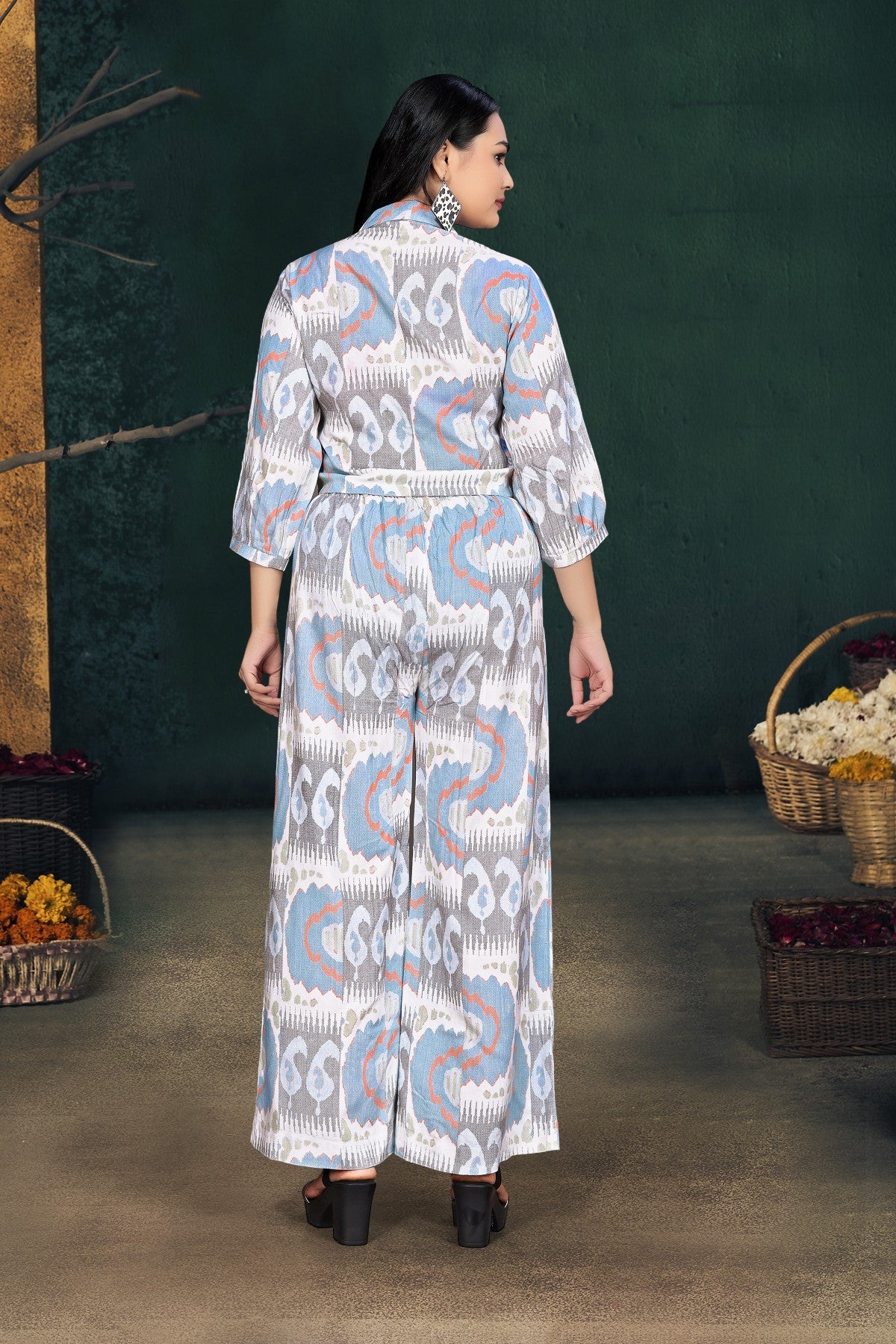 Grey Printed Viscose Rayon Co-Ord Set with Shirt Collar Top