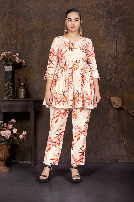 Cream Floral Printed Silk Blend Co-Ord Set with V-Neck Top & Trousers